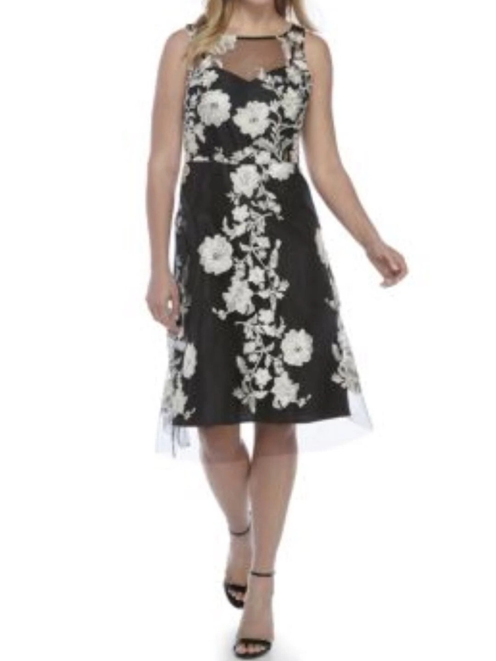 Studio One Black Midi Dress with White Floral Lace Appliqué